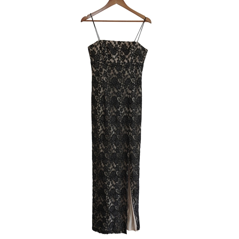 Vintage Y2K 90s Prom Black Maxi Dress Floral Beaded Lace Formal Column Gown